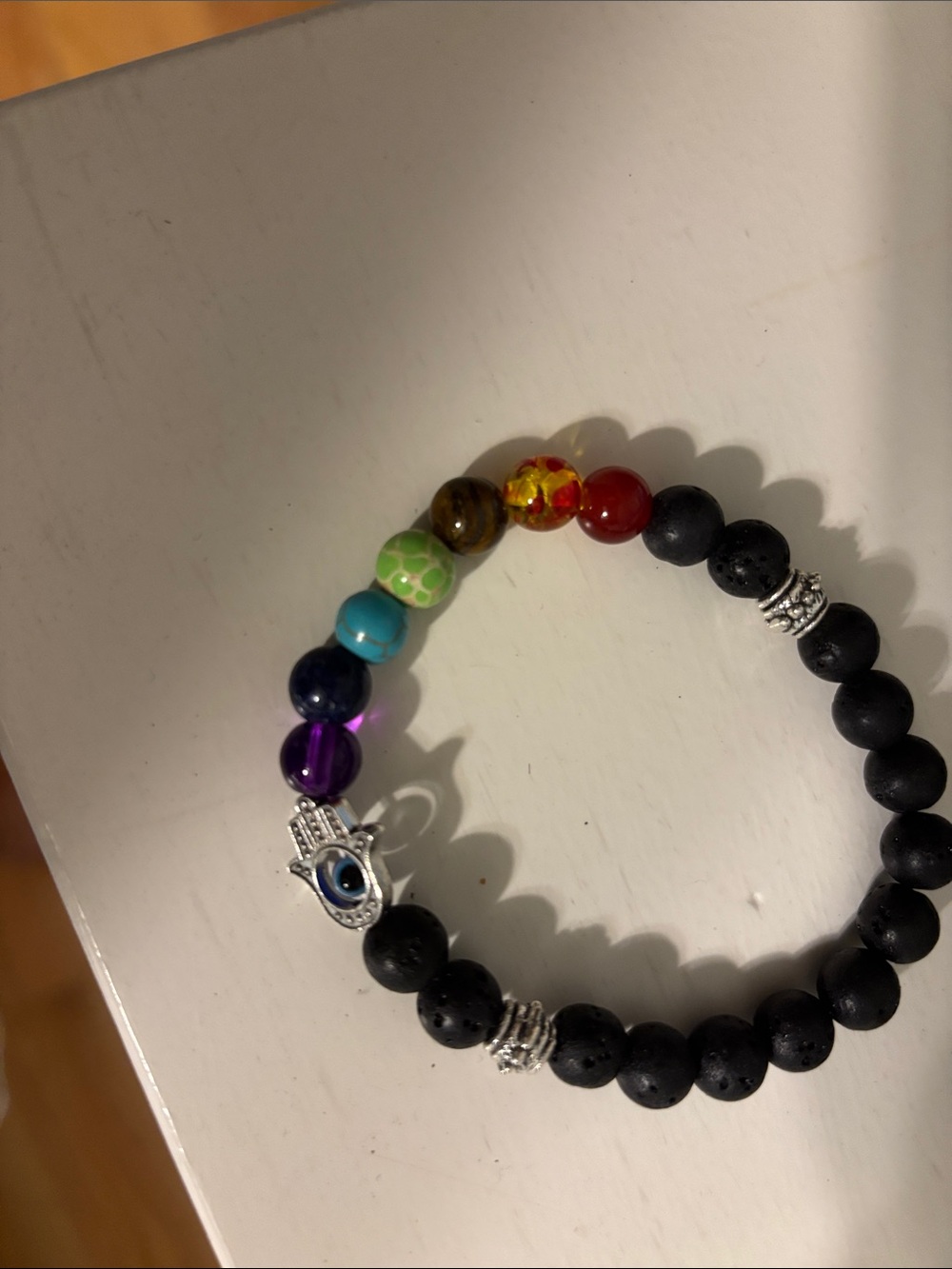 Multicolor Beaded Hamsa Bracelet with Black Lava Beads